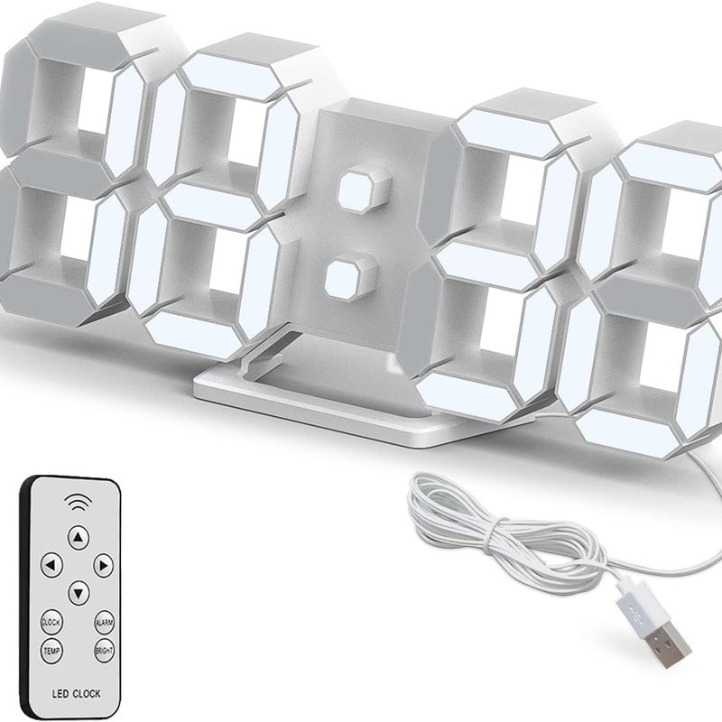 Cyfrowy zegar ścienny LED 3D, mały budzik, pilot zdalnego sterowania, 25,2 cm, 12/24 godziny, wyświetlacz temperatury i daty, pamięć czasu, funkcja dr