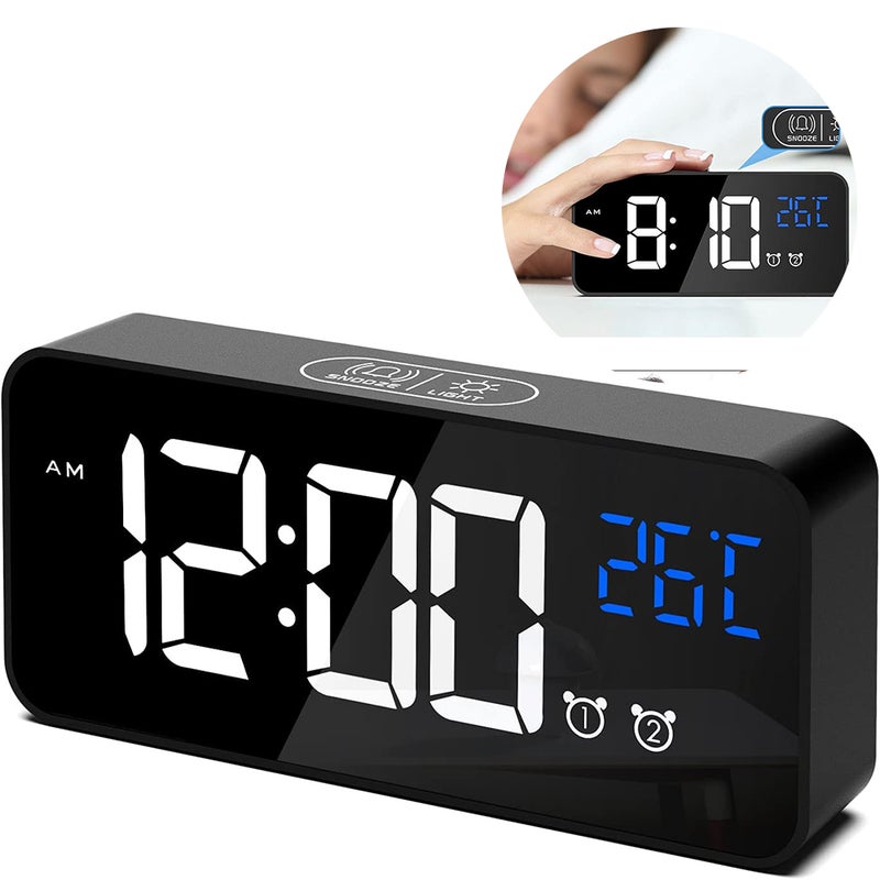 Cyfrowy budzik, cyfrowy budzik LED z temperaturą/drzemką/2 alarmami/12/24-godzinny/portem ładowania USB/10 utwor��w muzycznych