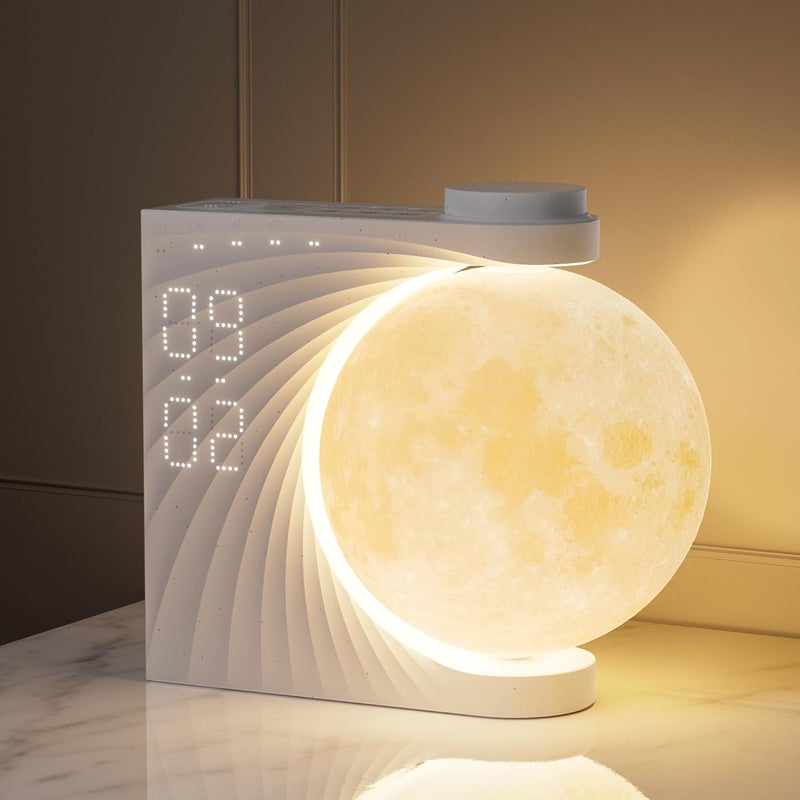 Lampa księżycowa z budzikiem, 2 budziki, 8 kolorów światła księżycowego RGB, 10 naturalnych dźwięków, lampka nocna o 3 poziomach jasności