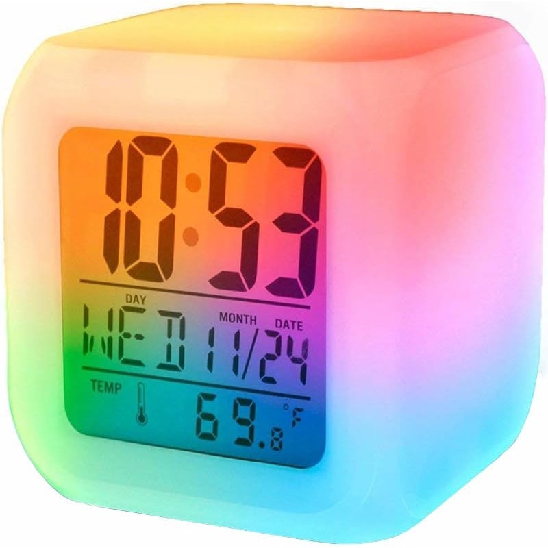 Cyfrowy budzik, 7-kolorowe podświetlenie LED, wyświetlacz LCD, 8 x 8 x 8 cm, bezprzewodowy, mała kostka do sypialni, budzik nocny ze światłami