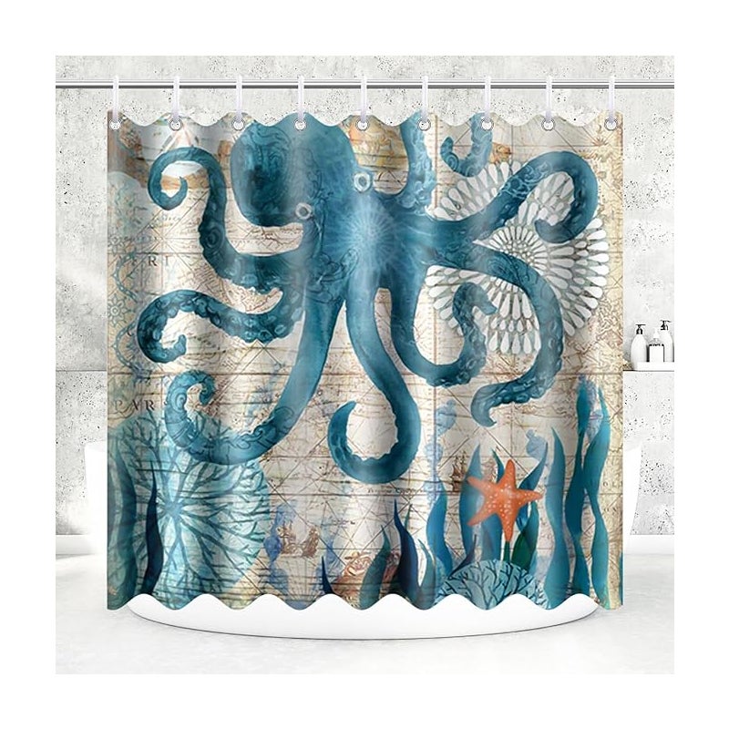 Zasłona prysznicowa z poliestru, wodoodporna, zmywalna, 180x200 cm, wzór ośmiornicy, z 12 haczykami