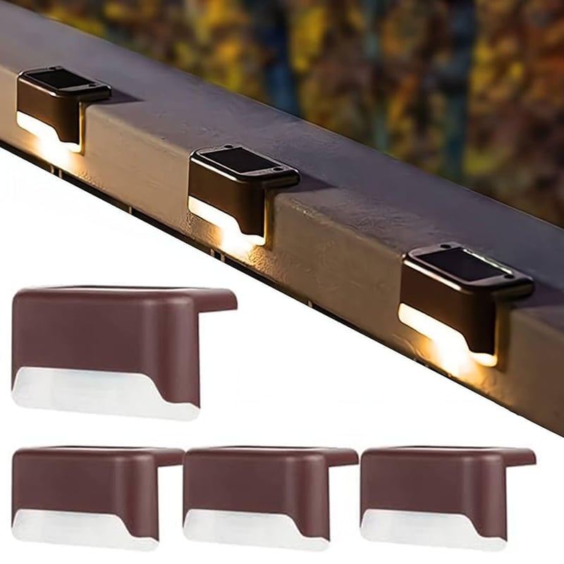 Zestaw 4 brązowych, wodoodpornych lamp solarnych na taras, schody, płot, podwórko, patio i podjazd (ciepłe białe światło)