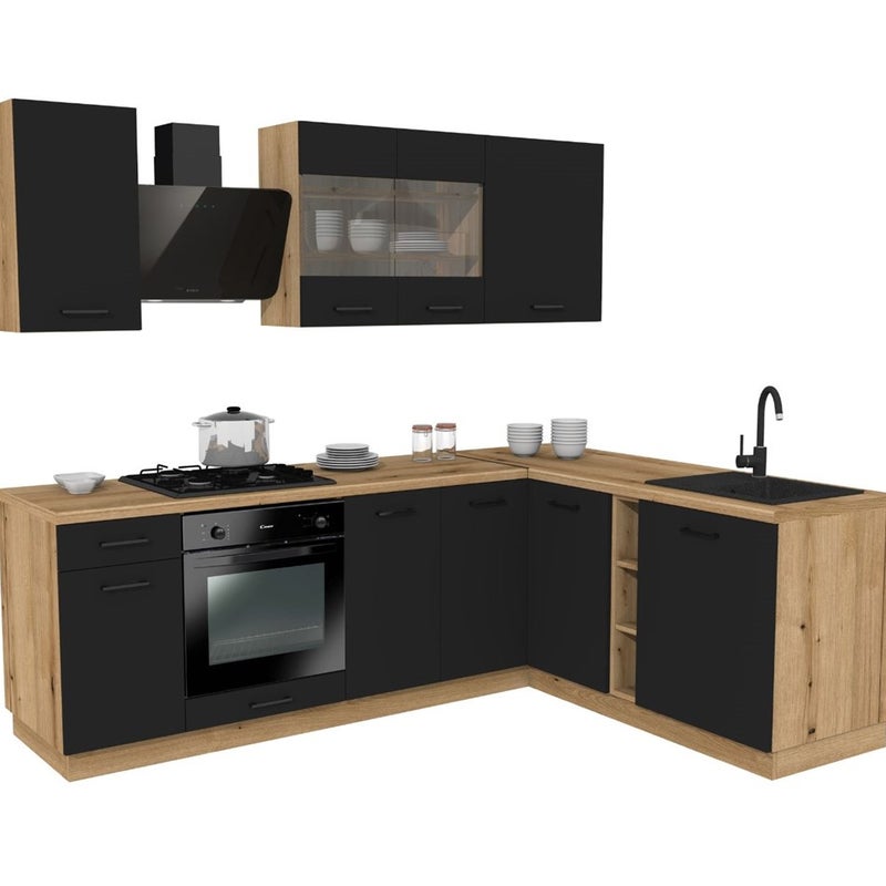 Zestaw szafek kuchennych, czarny/dąb Evoke, 240/180 x regulowany x 48,5 cm
