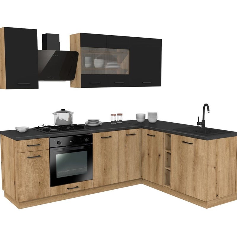 Zestaw szafek kuchennych, czarny/dąb Evoke, 240/180 x regulowany x 48,5 cm