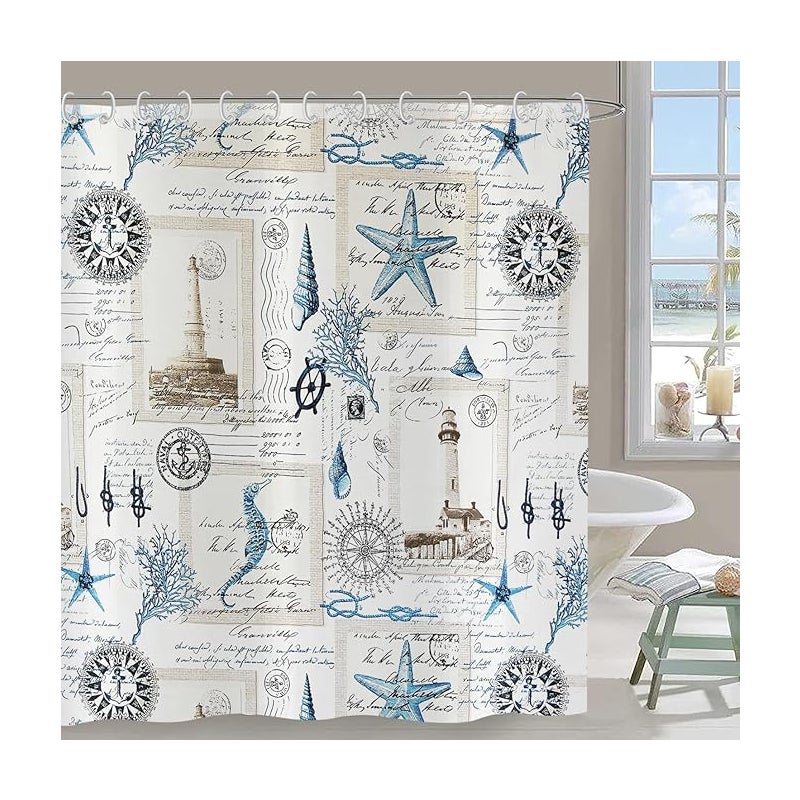 Zasłona prysznicowa w stylu marynistycznym, 180x180, kompas vintage, latarnia morska, kotwica, ocean, plaża, wodoodporna zasłona do łazienki