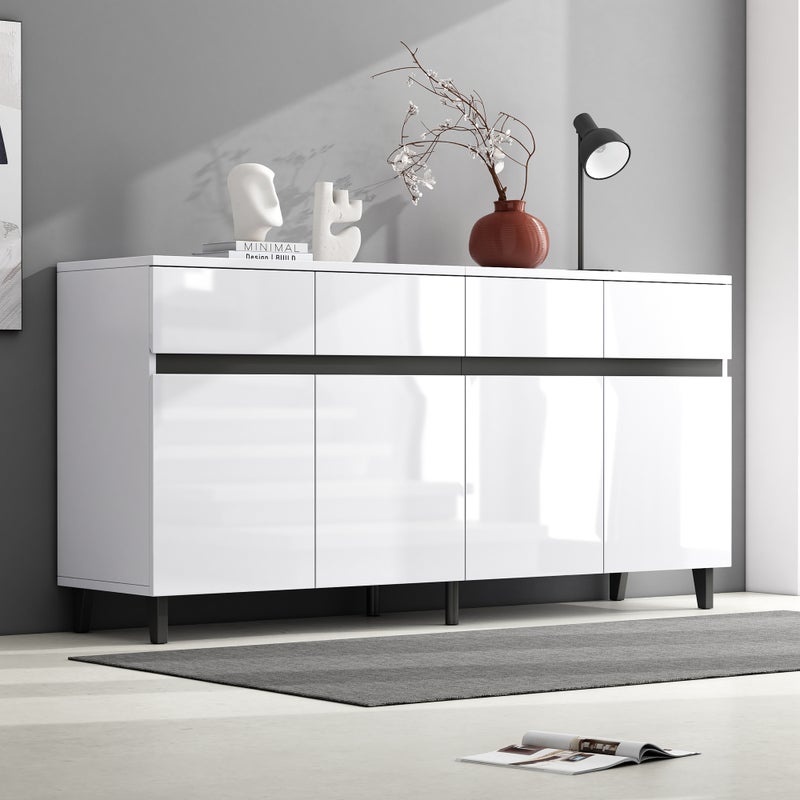 Komoda z 4 szufladami, 4 drzwiami i regulowanymi półkami - 160 x 40 x 68 cm - Płyta wiórowa - Biały połysk