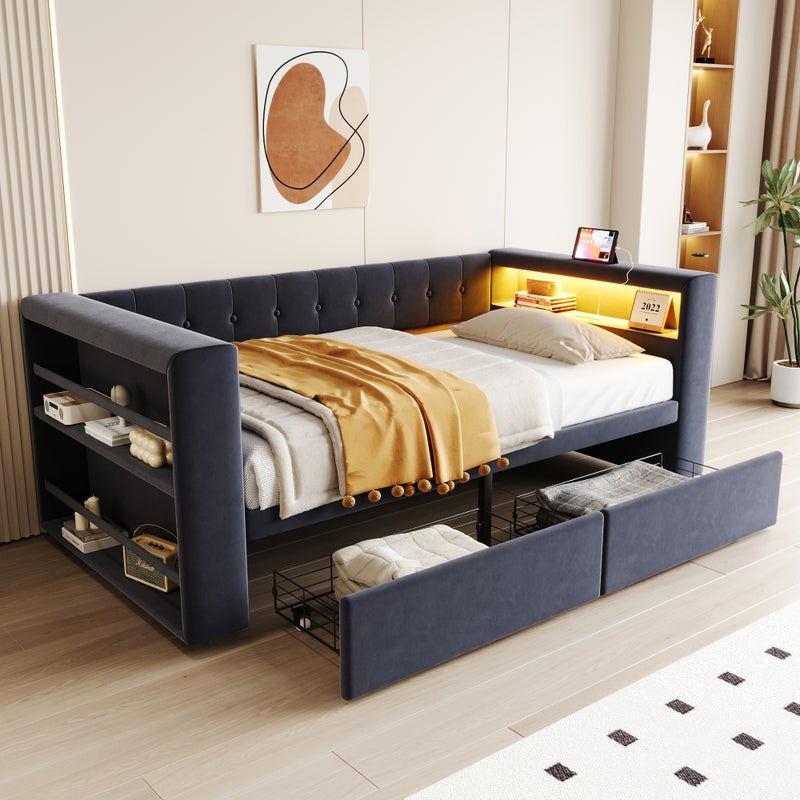 Łóżko tapicerowane 90 x 190 cm z 2 szufladami i półkami - Tkanina flanelowa - Diody LED - Kolor ciemnoszary (bez materaca)