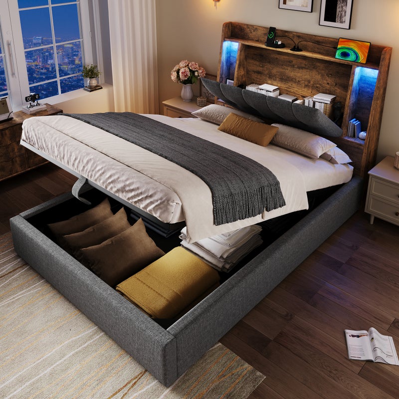 Łóżko z pojemnikiem 90 x 200 cm z zagłówkiem - Tkanina lniana - Gniazdo USB + Typ C, diody LED - Szare (materac nie jest wliczony w cenę)