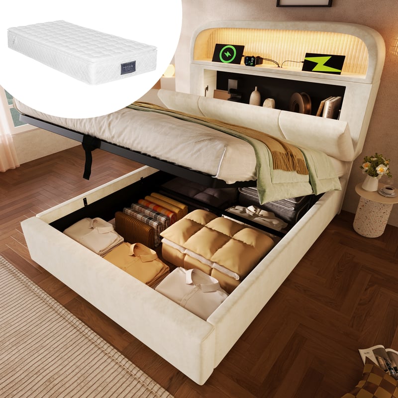 Łóżko z pojemnikiem 90 x 200 cm i zagłówkiem – Aksamit – Diody LED, ładowanie USB/typu C – Stelaż z listew – Beżowy (materac w zestawie)