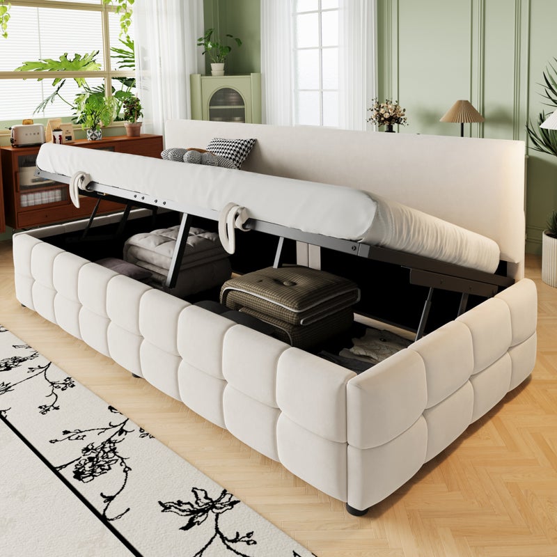 Łóżko z pojemnikiem 90 x 200 cm z oparciem, Sofa rozkładana - Bez podłokietników - Aksamit - Beż (bez materaca)