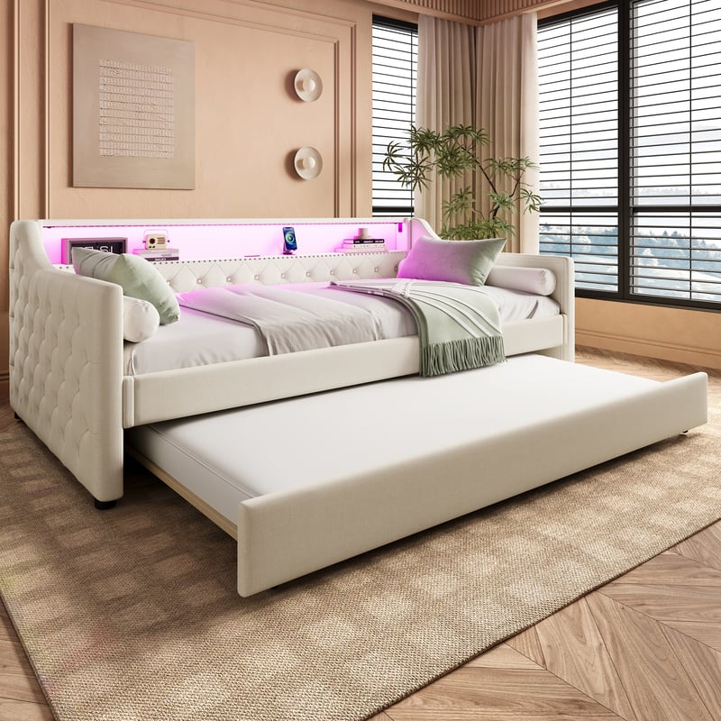 Łóżko wysuwane 90 x 200 cm + 90 x 190 cm z przegródkami - Tkanina lniana - Diody LED i ładowanie USB - Beżowe (materac nie jest wliczony w cenę)