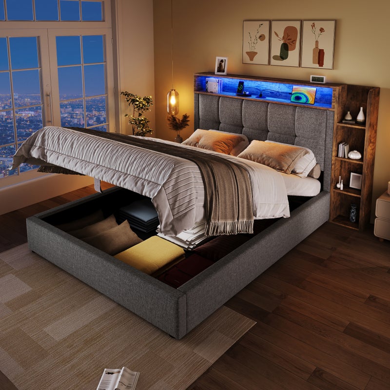 Łóżko z pojemnikiem 90 x 200 cm, zagłówkiem i półkami - tkanina lniana - gniazdo USB + typ C, diody LED - szare (materac nie jest wliczony w cenę)