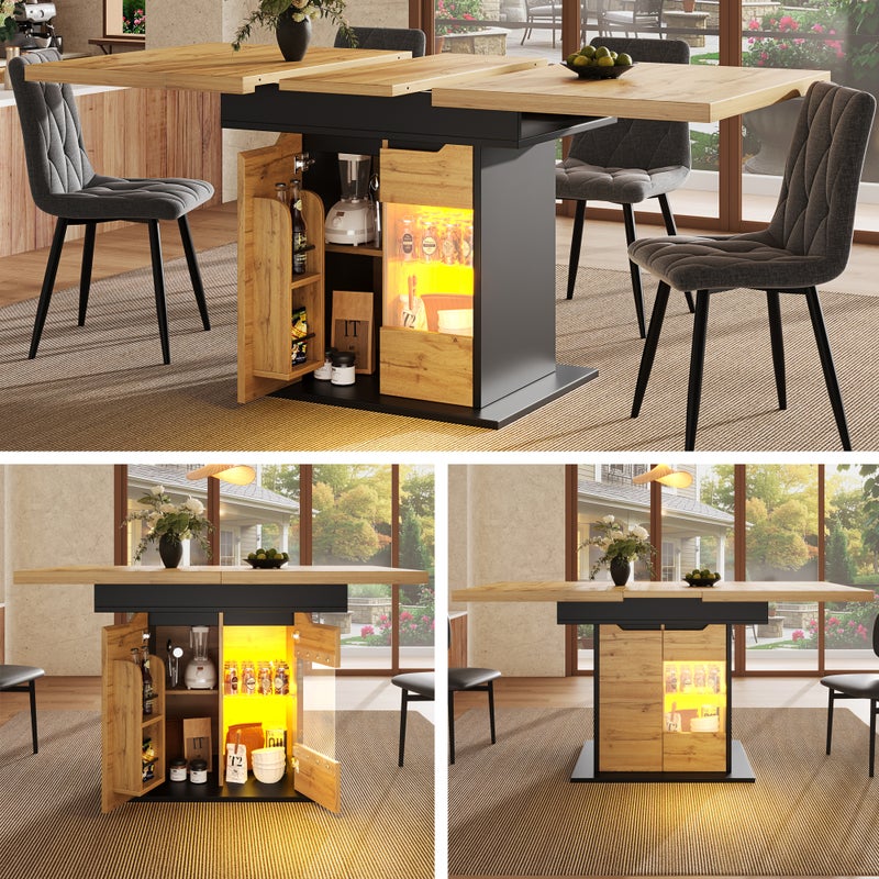 Stół jadalny dla 4-6 osób z 2 drzwiami - 110/140 x 80 x 75 cm - MDF - LED-y - do kuchni i jadalni - Czarny + naturalny