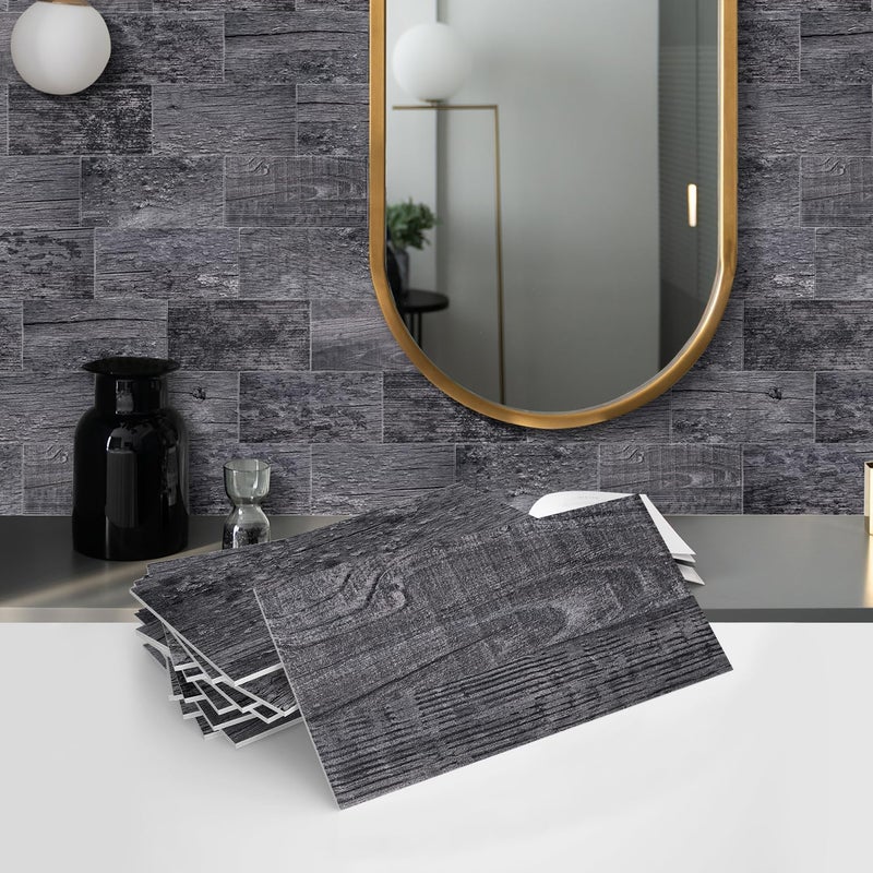 Naklejki ścienne na płytki kuchenne - do łazienek i kuchni - Opakowanie 16 sztuk, faktura postarzanego drewna w kolorze szarym