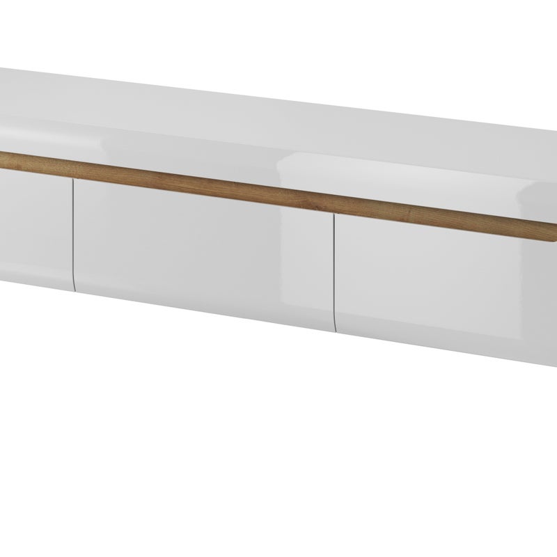 Szafka RTV NODIS biały połysk 160 cm z szufladami, dąb Riviera, na drewnianych nogach