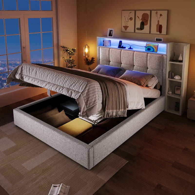 Łóżko z pojemnikiem 90 x 200 cm, zagłówkiem i półkami - tkanina lniana - gniazdo USB + typ C, diody LED - beżowe (materac nie jest wliczony w cenę)