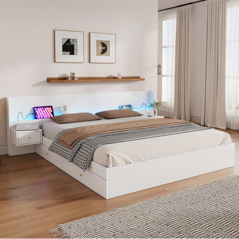 Łóżko podwójne 180x200cm z drewna z oświetleniem LED, portem USB, sterowaniem za pomocą aplikacji i szufladami do przechowywania