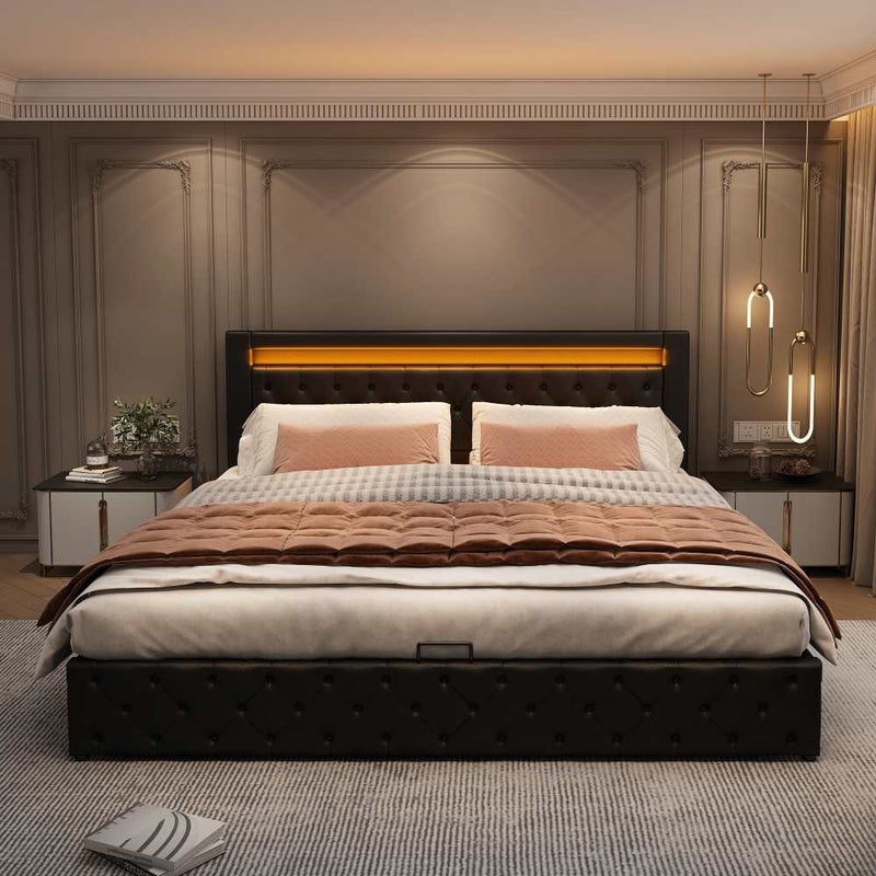 Łóżko tapicerowane 160x200 cm z pojemnikiem i oświetleniem LED, wysokiej jakości rama z PU o klasycznym i nowoczesnym designie