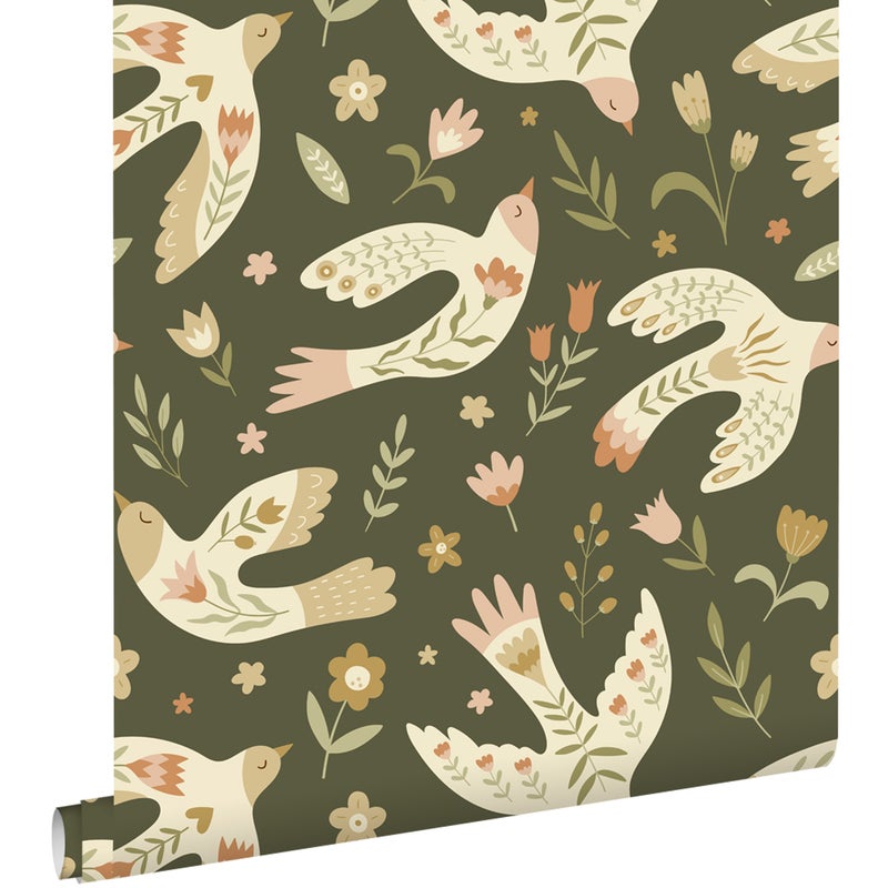 Tapeta kwiaty i ptaki zielonym - 50 x 900 cm - ESTAHOME