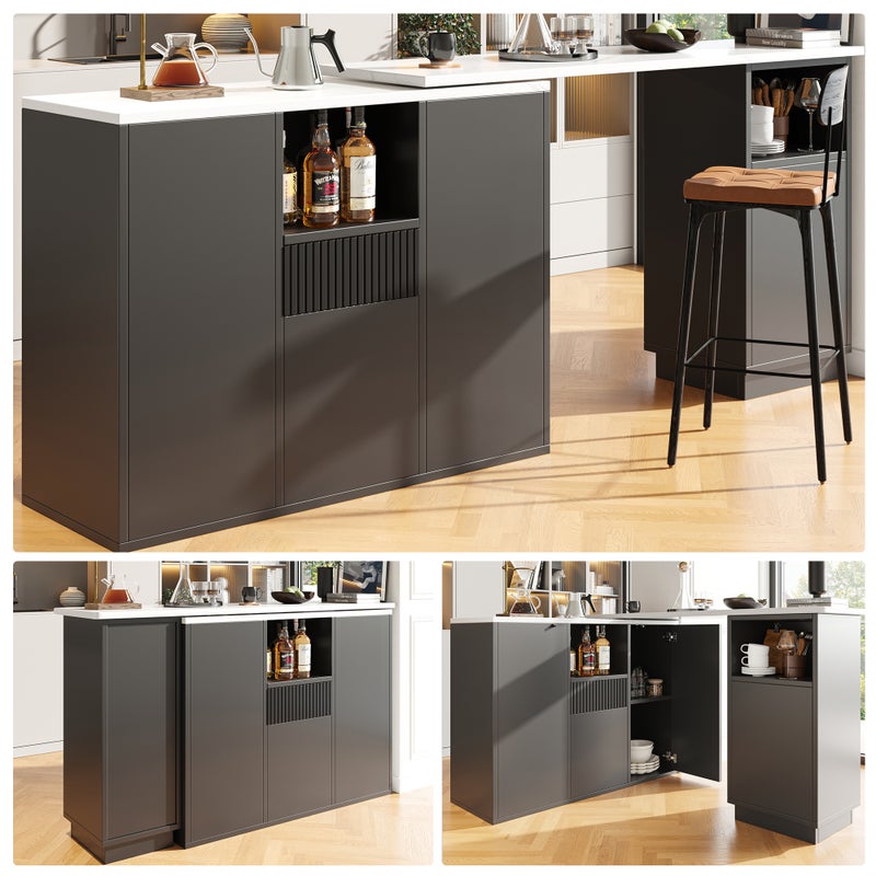 Rozkładany stół barowy z 4 drzwiami i 2 schowkami - 210 x 30 x 100,9 cm - MDF - do kuchni, jadalni - Czarny