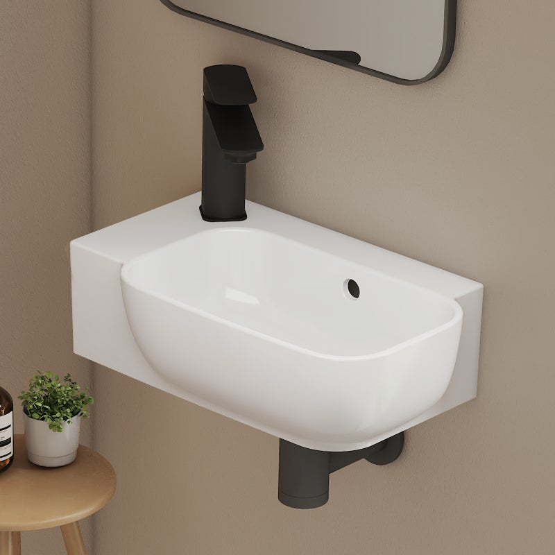 EMKE Umywalka ceramiczna 40x25x14 cm, Umywalka ścienna Compacto, otwór na baterię po lewej stronie, z przelewem, brylantowa biel