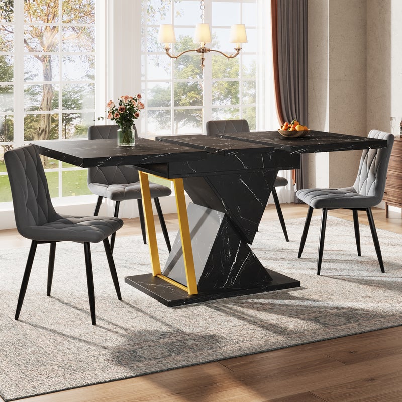 Rozkładany stół jadalny dla 4-6 osób - 110/140 x 80 x 75 cm - MDF - do kuchni i jadalni - Wygląd marmuru - Czarny
