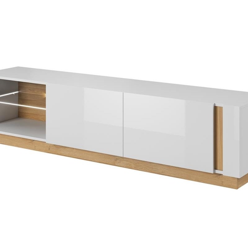 Stylowy pojemny stolik RTV ALTO 187 cm biały połysk z akcentami dąb grandson do salonu