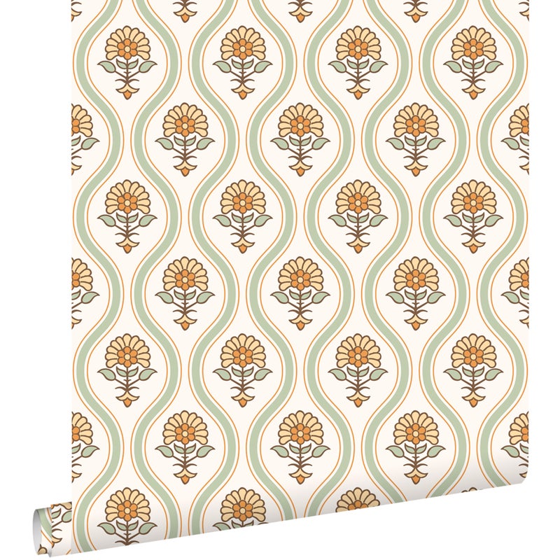 Tapeta zabytkowe kwiaty zielonym,żółtymIpomarańczowym - 50 x 900 cm - ESTAHOME