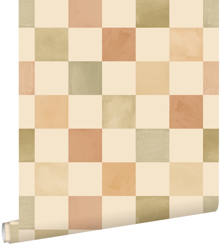 Tapeta motyw kratki beżowym,brązowymIzielonym - 50 x 900 cm - ESTAHOME