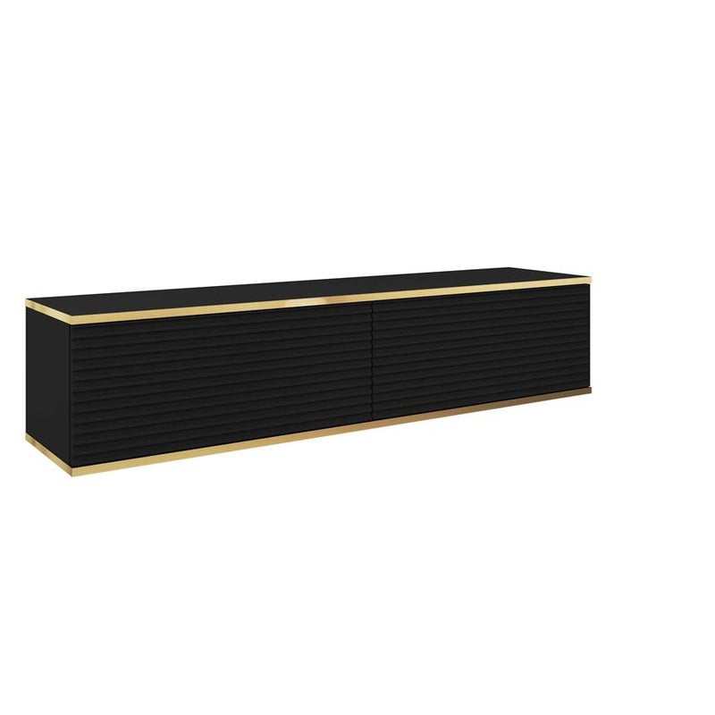Czarna szafka RTV ORO 135 cm – Lamelowane fronty z MDF i złotym akcentem
