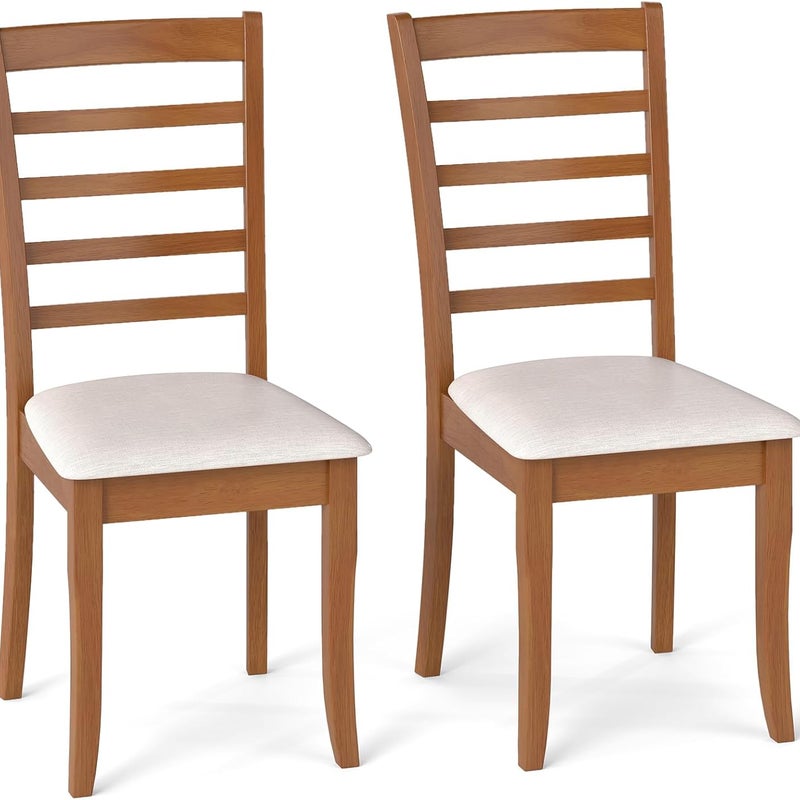 Zestaw 2 Krzeseł do Jadalni, Krzesła Kuchenne bez Podłokietników, Rama z Drewna Kauczukowego, Wysokie Oparcie z Listewkami, do Salonu, Kuchni (Beżowe)