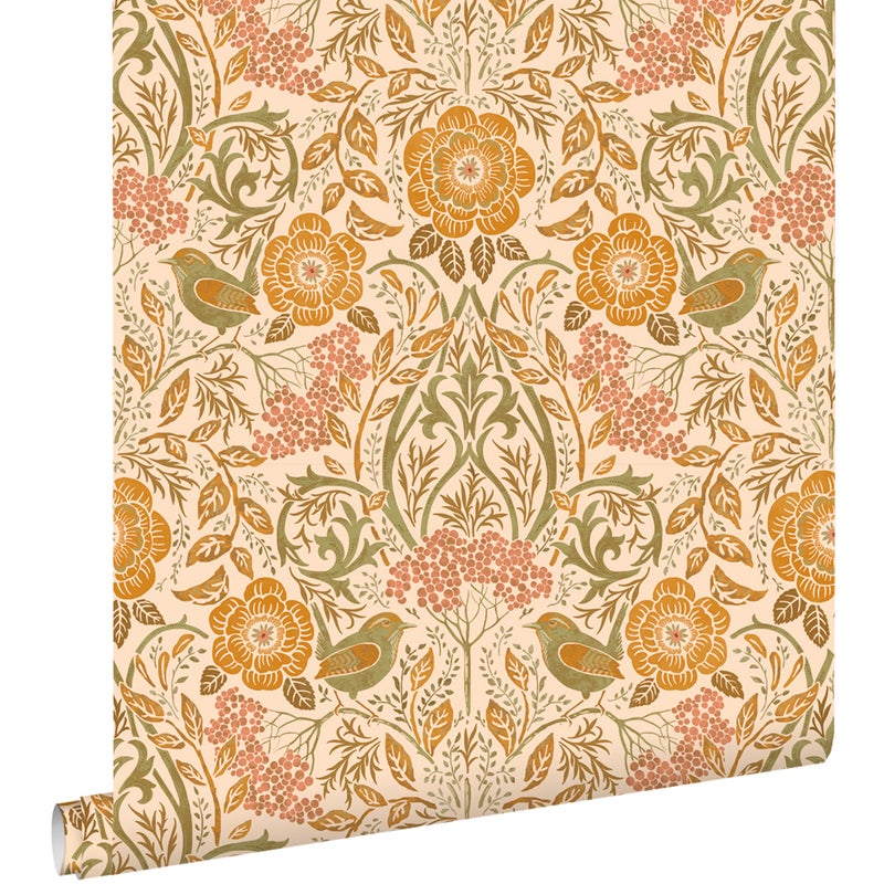 Tapeta kwiaty i ptaki w stylu secesyjnym pomarańczowymIzielonym - 50 x 900 cm - ESTAHOME