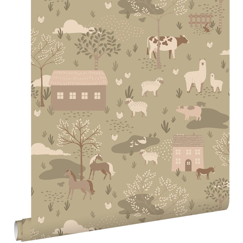 Tapeta zwierzęta hodowlane szaro zielonym - 50 x 900 cm - ESTAHOME