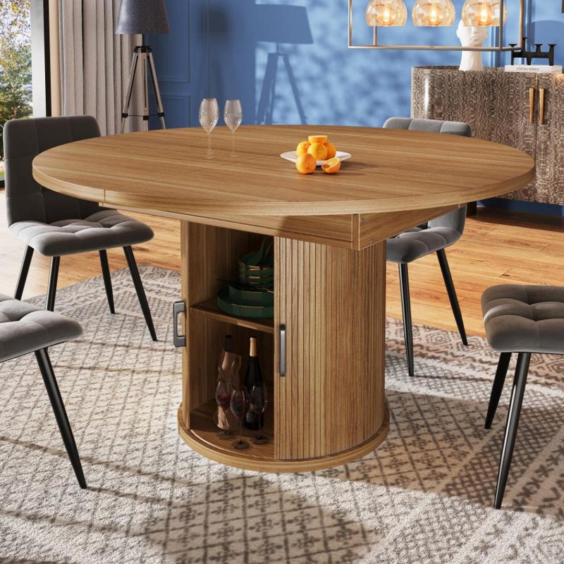 Rozkładany okrągły stół z drewna orzechowego – 118–158 cm, elegancki design z miejscem do przechowywania, dla 6 osób, regulowane nóżki