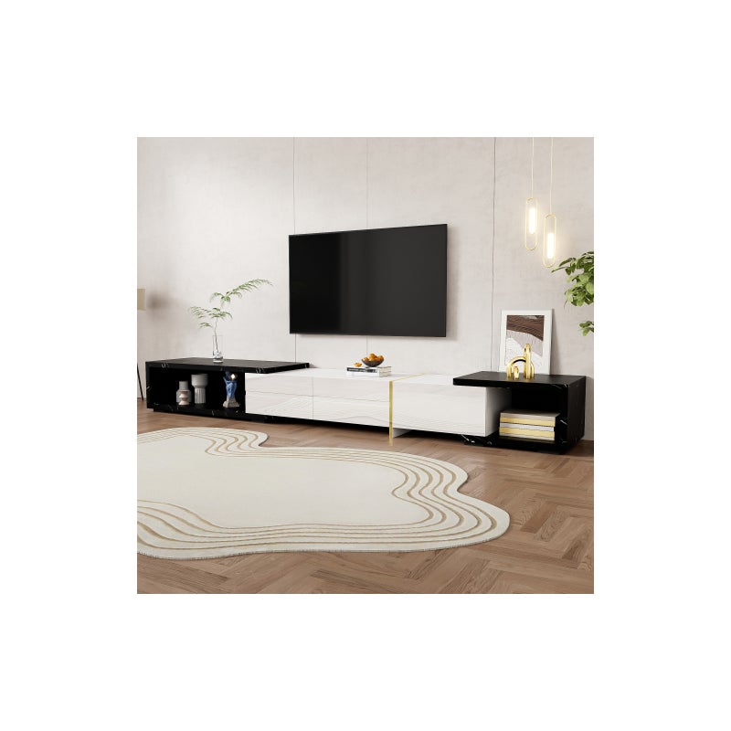 Modułowa szafka RTV 140-260 cm – wzór marmurowy, regulowany obrót, matowe wykończenie w kolorze białym i złotym, dużo miejsca do przechowywania