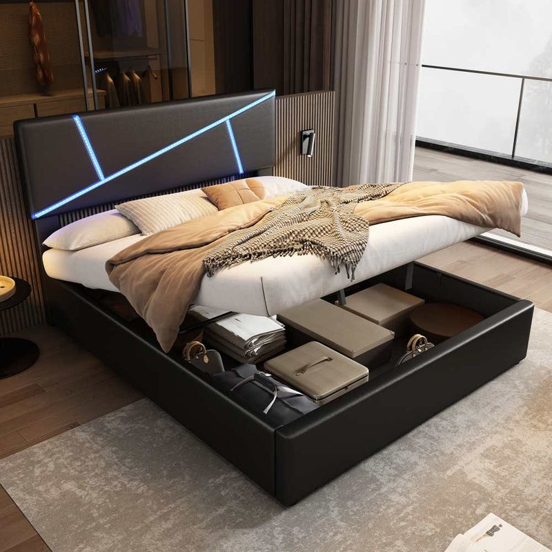 Łóżko podwójne Comfort 140x200 cm ze skóry syntetycznej z diodami LED, hydraulicznym schowkiem i podstawą z listew
