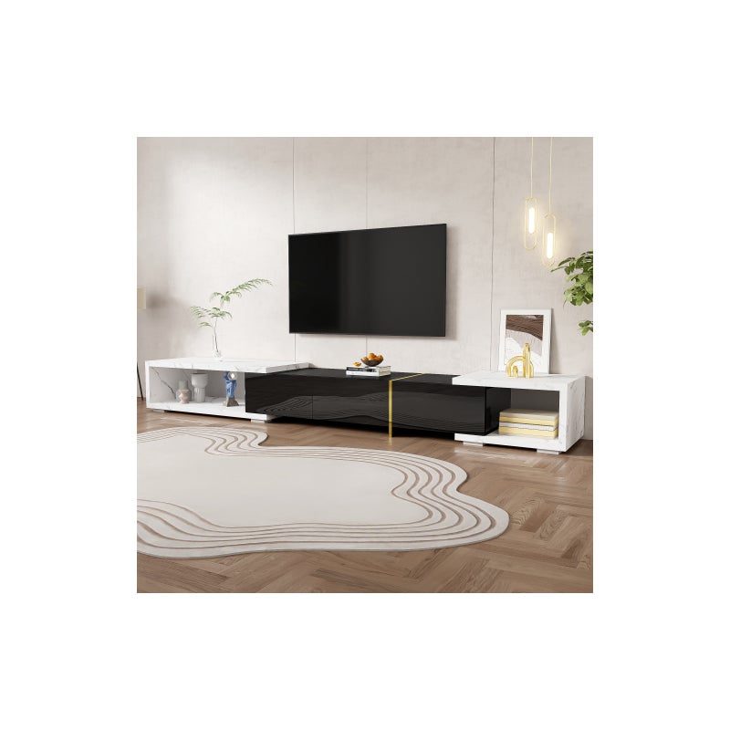 Modułowa szafka RTV 140-260 cm – wzór marmurowy, regulowany obrót, matowe wykończenie w kolorze białym i złotym, dużo miejsca do przechowywania