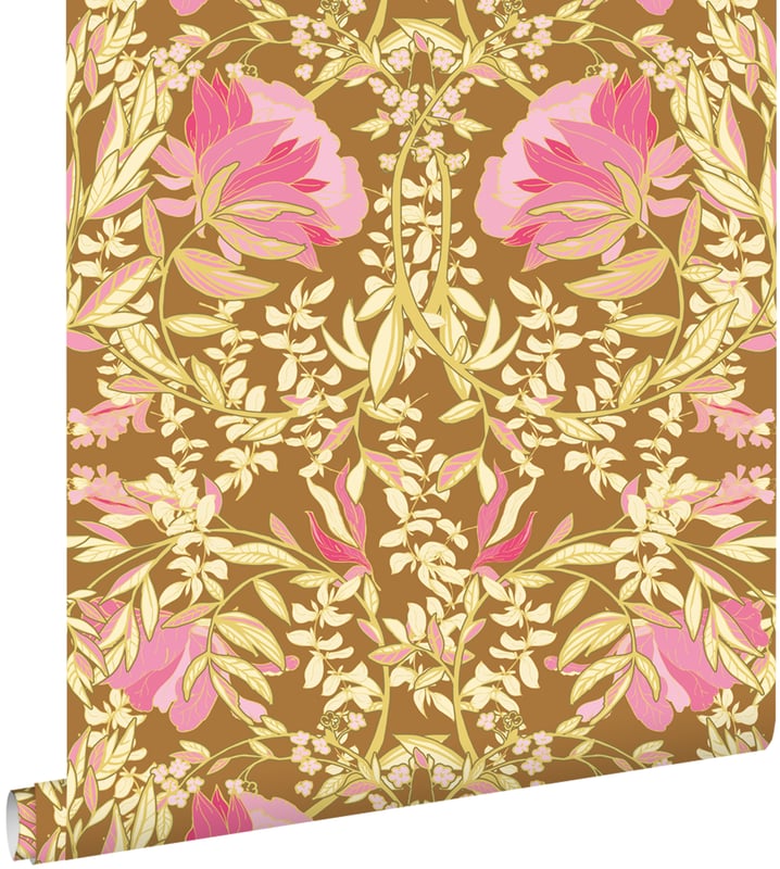 Tapeta vintage kwiaty w stylu secesyjnym zielonymIfuksji różu - 50 x 900 cm - ESTAHOME