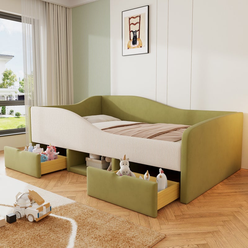 Łóżko tapicerowane 90 x 190 cm z 2 szufladami i 1 przegrodą, Sofa rozkładana - Aksamitna - Zielony + kremowo-biały (bez materaca)