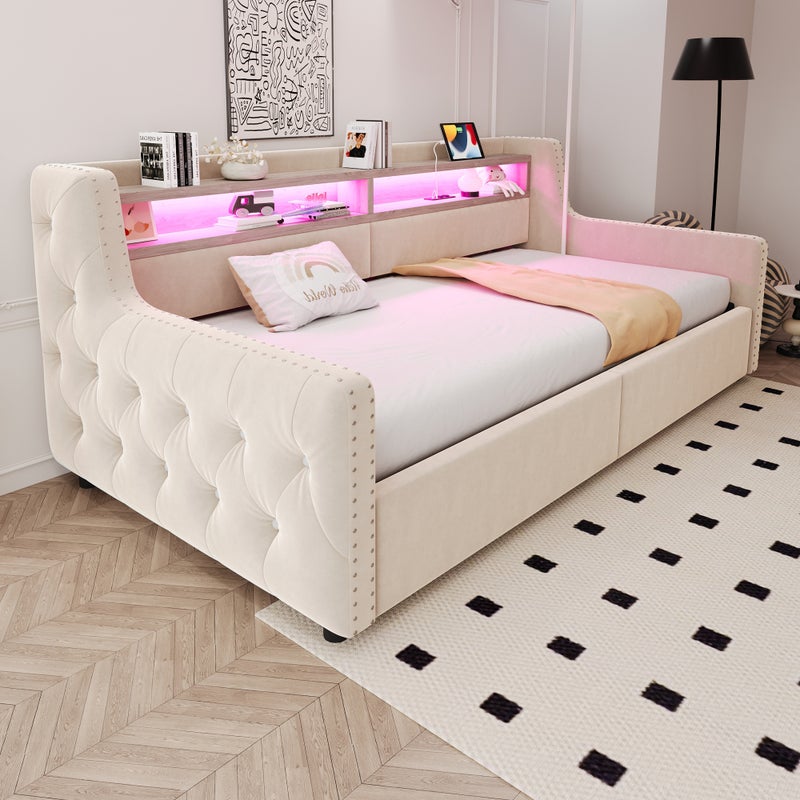 Łóżko z pojemnikiem 90 x 200 cm z oparciem i podłokietnikami, Sofa rozkładana - Aksamitna - LED-y i gniazdko elektryczne - Beżowa (bez materaca)