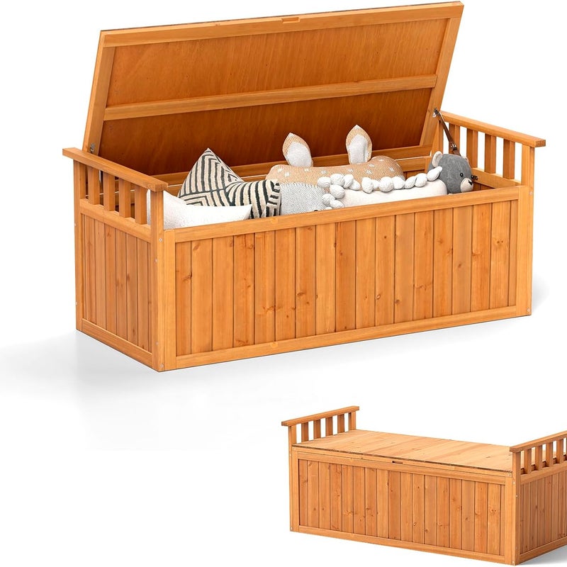 Dwuosobowa Ławka Ogrodowa z Drewna z Pojemnikiem o Pojemności 207 l, Odporna na Warunki Atmosferyczne, z Podłokietnikami, 128 cm, do Ogrodu, Podwórko