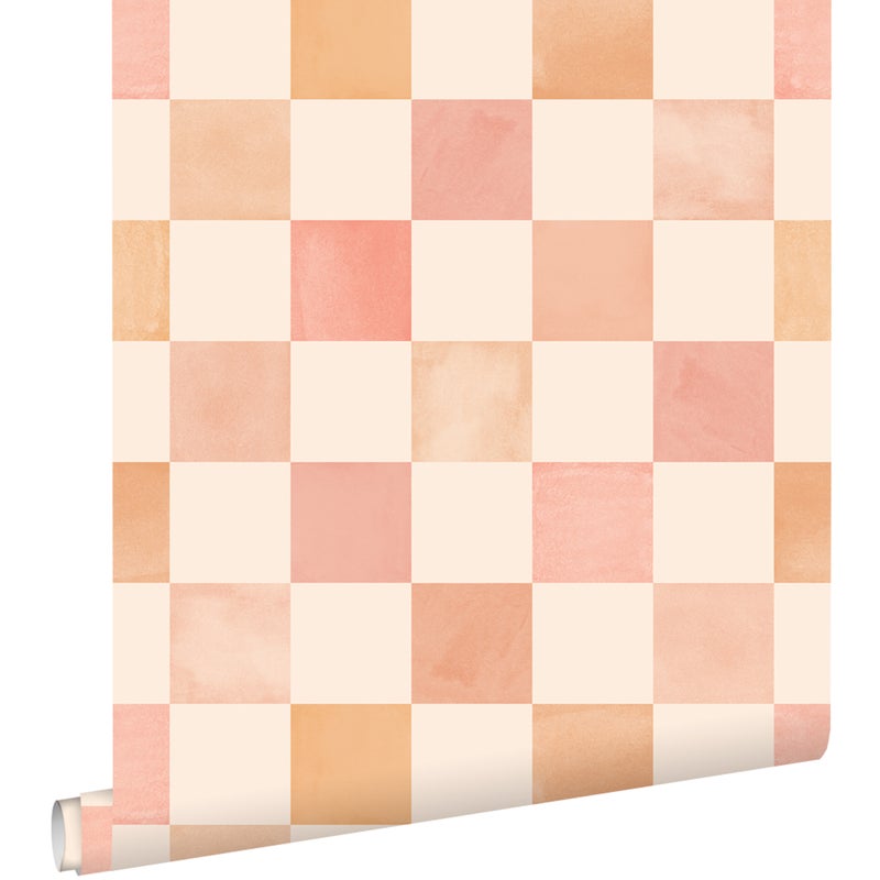 Tapeta motyw kratki beżowym,pomarańczowymIróżowym - 50 x 900 cm - ESTAHOME