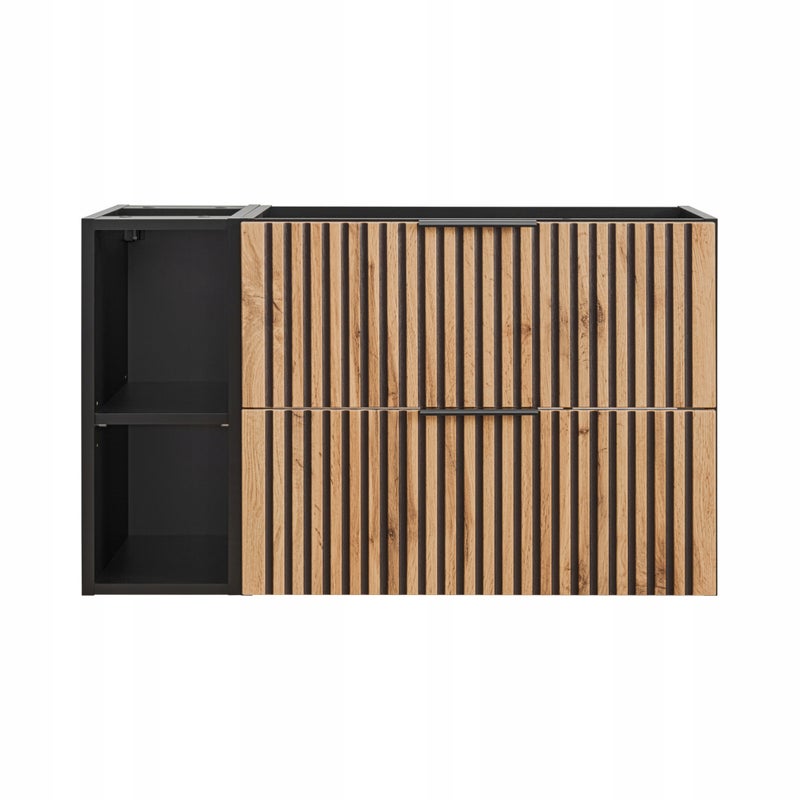 Szafka łazienkowa z regałem XILO 100 cm czarna ryflowana dąb wotan