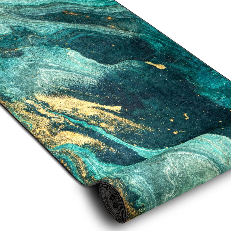 CHODNIK podgumowany DO PRANIA LOTUS SHADOWS 37750 Abstrakcja zielony / złoty 120cm 120x610 cm