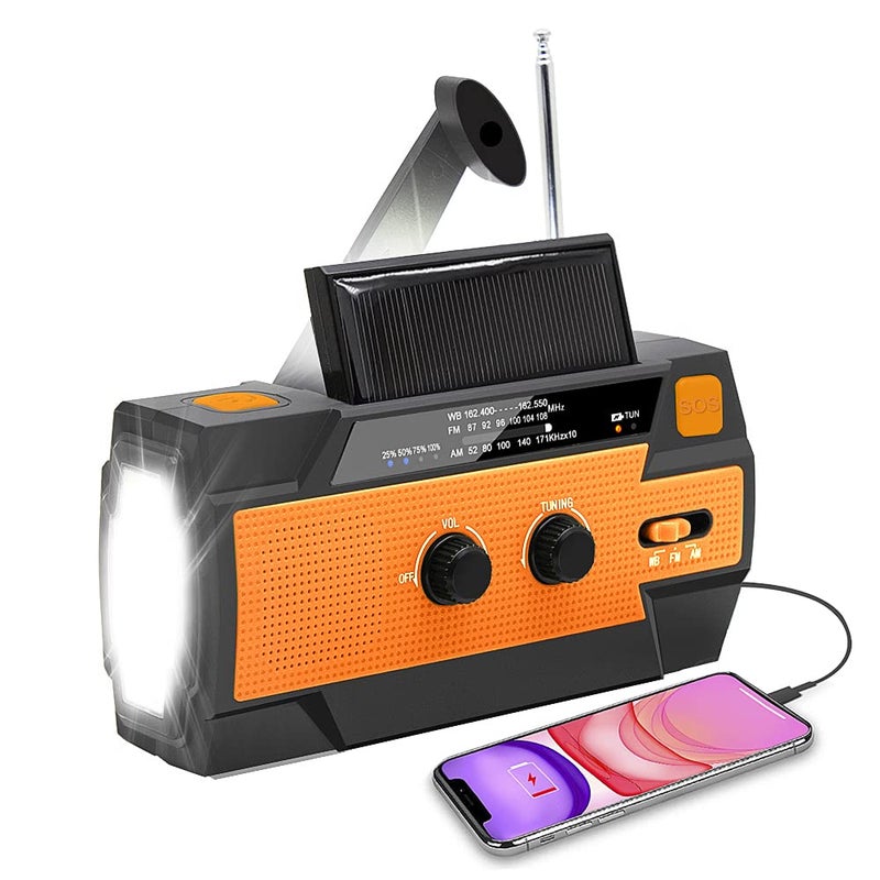 Radio z korbką ręczną 4000 mAh na energię słoneczną, pomarańczowe – przenośne radio survivalowe – powerbank solarny – radio na plac budowy – z latarką