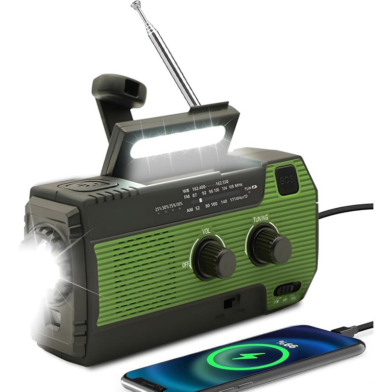 Radio awaryjne z korbką słoneczną, latarką LED, alarmem SOS, radiem pogodowym AM/FM i baterią zapasową 4000 mAh – zielone