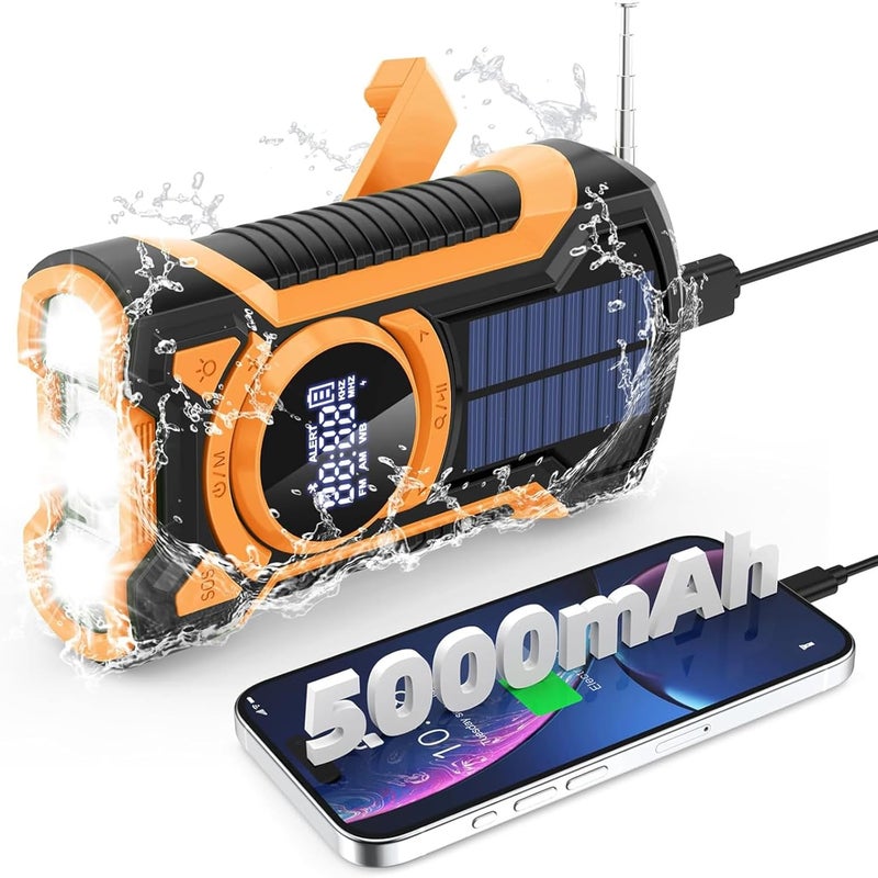 Przenośne radio z dynamem i latarką LED – powerbank 5000 mAh AM/FM, solarne radio z korbką – alarm SOS/latarka/głośniki 3 W