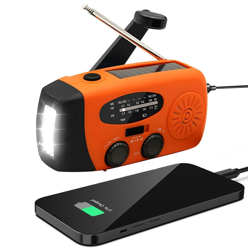 Przenośne radio awaryjne – Power Bank 2000 mAh – Radio awaryjne zasilane bateryjnie (ładowalne) – Na kemping i na wypadek klęsk żywiołowych – Pomarańc