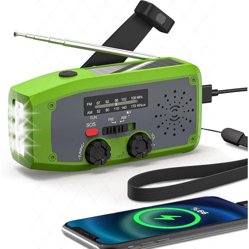 Radio awaryjne zasilane energią słoneczną – z własnym zasilaniem, latarką LED, alertem SOS, radiem pogodowym AM/FM, baterią 2000 mAh (ładowanie awaryj