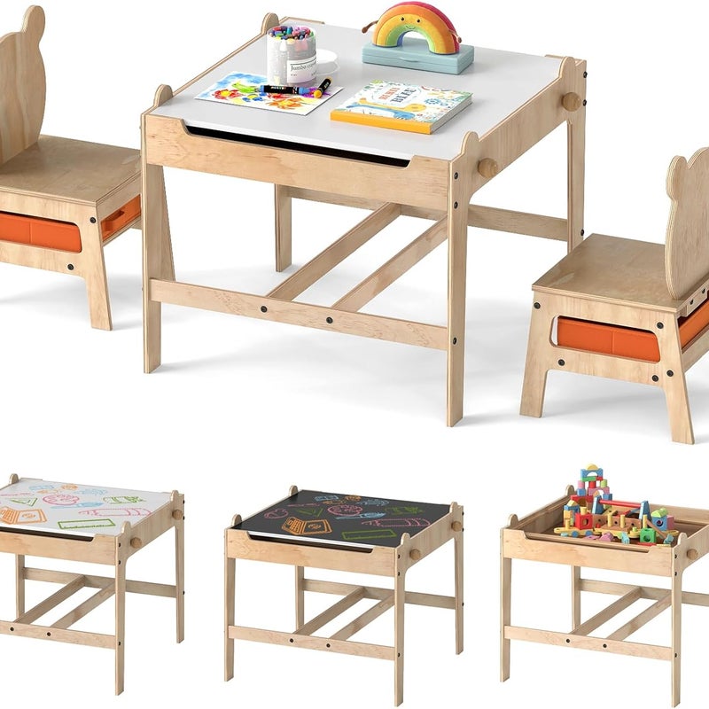 Stolik dla Dzieci z 2 Krzesełkami w Kształcie Misiów, Stolik do Rysowania z Dwustronnym Blatem w Kolorze Białym/Czarnym, 2 Pojemniki (Naturalny Miś)